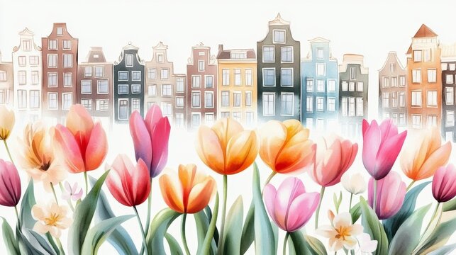 Canals of Amsterdam adorned with blooming tulips in vibrant watercolor style