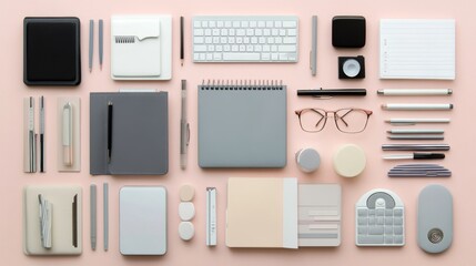 Flat Lay of Office Supplies on Pastel Background for Creative Use