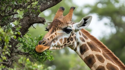 Obraz premium A giraffe standing beneath a tree, reaching up to eat tender green shoots.