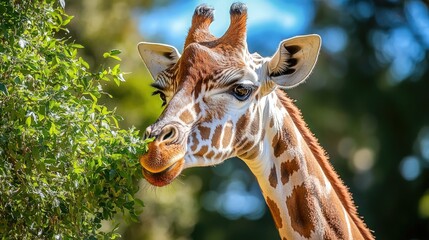 Obraz premium A giraffe standing beneath a tree, reaching up to eat tender green shoots.