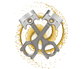 Engine pistons in X shape with oil engine in background.  Splash of oil with engine pistons. Transparent background