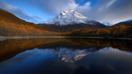 Fototapeta premium Snow-capped mountain peak reflecting perfectly in a calm alpine lake surrounded by golden autumn forest under a blue sky.
