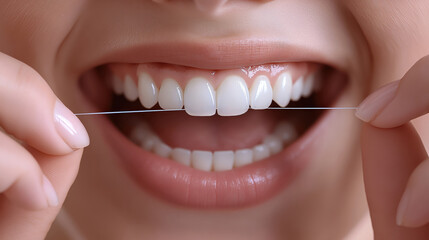 Middle-aged woman smiling while flossing her teeth at home  