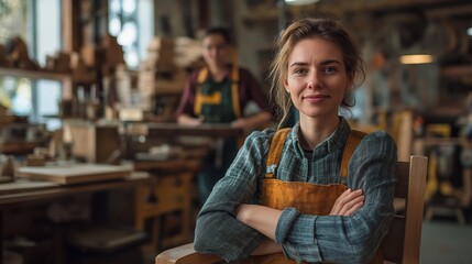 Female carpenter smiling confidently in a workshop background  