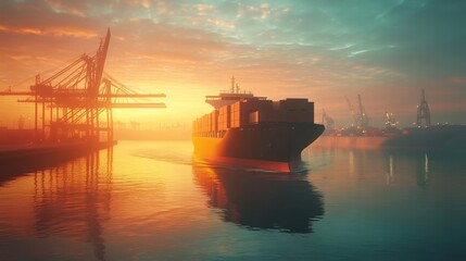 Container ship at dock  global trade and freight shipping logistics with quay crane operations