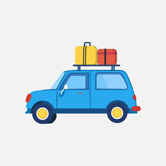 Blue Car Ready for a Road Trip: Packed with Luggage on the Roof Rack (Vector Illustration)