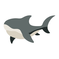 A cartoon shark is swimming in the ocean. The shark is gray and white