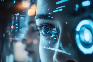 A close-up of a futuristic, high-tech interface reflected in the eye of a focused individual, symbolizing advanced human-computer interaction and digital innovation