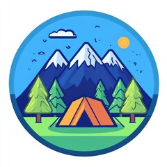 A cartoon illustration depicts camping within a round natural setting