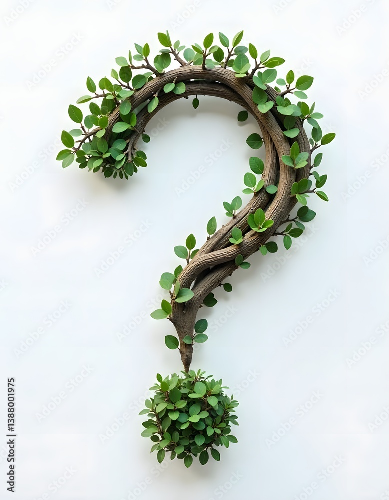 Poster a question mark crafted from intertwined branches and lush green leave