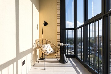 the balcony of an apartment on the upper floors of an apartment building