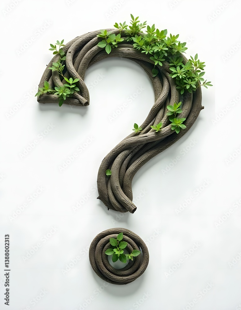 Poster a question mark crafted from intertwined branches and lush green leave
