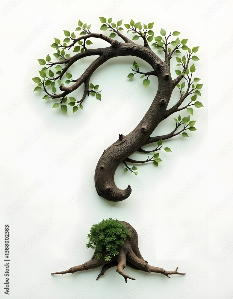 Poster a question mark crafted from intertwined branches and lush green leave