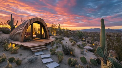 Charming desert accommodations illuminated by a stunning sunset for a magical experience