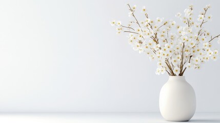 A white ceramic vase with delicate white flowers on a minimalist table against a plain light background, and elegant home decor concept.
