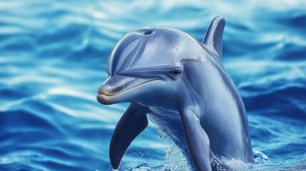 Naklejka premium Playful dolphin peeking out of the water, great for marine life, education, and environmental concepts.