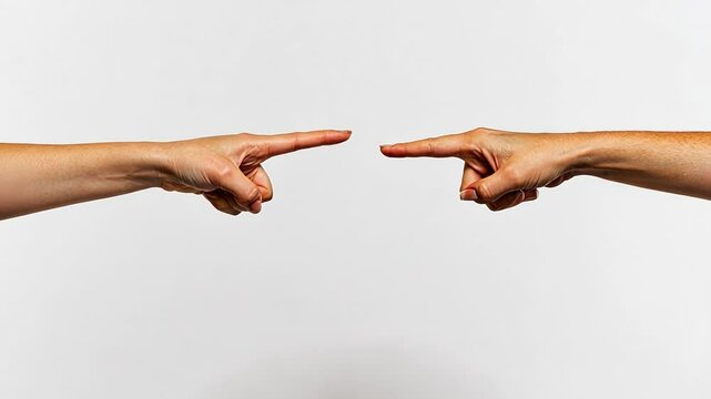 Two Pointing Hands: A stark and powerful image, two hands extend forward, fingers pointed in a visual representation of choice, direction, or blame against neutral space.