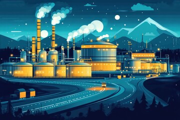 Nighttime industrial complex with highway and mountains