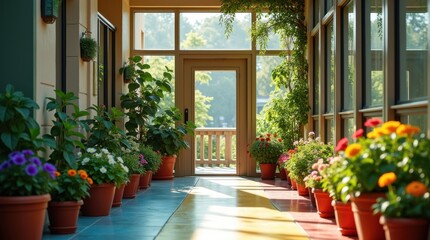 Calm hospital corridor with colorful flowers and open door tranquil setting natural light serene environment