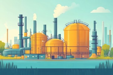 Industrial plant complex by the river, producing fumes