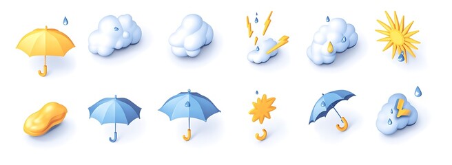 Weather icons, a cloud with lightning and raindrops, an umbrella and a puddle, a yellow color palette, a white background