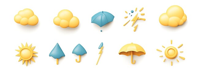 Fototapeta premium Weather icons, a cloud with lightning and raindrops, an umbrella and a puddle, a yellow color palette, a white background