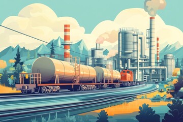 Industrial Train Tank Cars Delivering Goods at Refinery, Mountains in Background