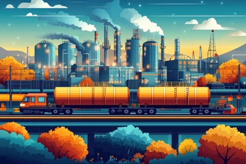 Industrial complex at dawn, tanker trains on railway, autumnal trees beneath highway overpass