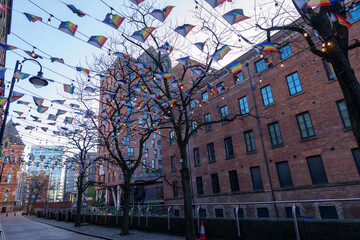 Canal Street (Gay Village) in Manchester UK decorated with Pride Flags. 