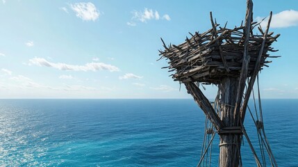 A stunning detailed shot of a ship's wooden crow's nest