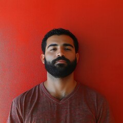 Confident young man with a beard posing against a vibrant red background