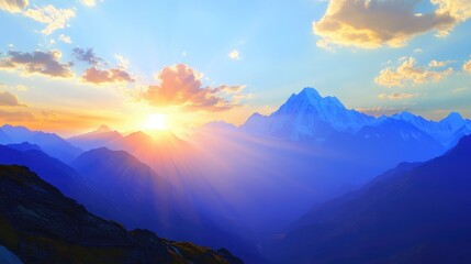 Obraz premium A sunrise view from a mountain peak, overlooking rolling hills and valleys.