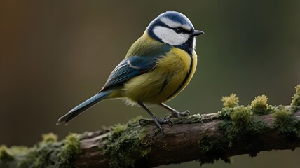 Obraz premium A photograph of a small bird, a blue tit, perched on a mossy log.
