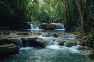 Fototapeta premium Cascading waterfalls flow through a vibrant and lush green forest setting