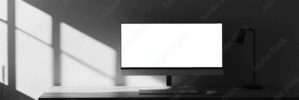 Poster Sleek desktop monitor with bright white screen on a minimalistic workspace showcasing clean professional style and soft shadows