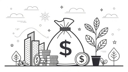 Fototapeta premium A money bag overflowing with financial growth, symbolizing wealth and prosperity amidst a cityscape and thriving plant, depicted in a clean minimalist line art style.