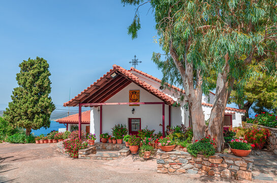 Iera Moni Agion Panton (All Saints Monastery) in Gythio, Mani, Peloponnese, Greece. The monastery, built on the top of the Akoumaros hill, has a splendid view, overlooking the Laconic gulf.