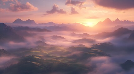 Fototapeta premium A mystical fog-shrouded valley at sunrise, where rolling hills emerge from the mist like islands in a vast ocean