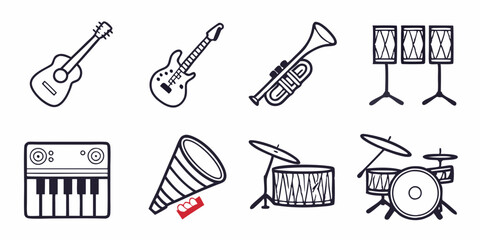 Obraz premium Black and White Vector Line Art Music Instrument Icons: Guitar, Electric Guitar, Drums, Keyboard, Trumpet, Megaphone, Timpani, Snare Drum