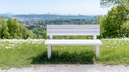 A solitary white wooden bench resting on a grassy hilltop with a panoramic city view, surrounded by lush green trees, and peaceful and serene setting.