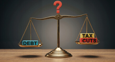 Balance scale showing national debt vs tax cuts, ideal for use in economic blogs, government policy reports, digital news about fiscal strategy, financial infographics, and public finance education 