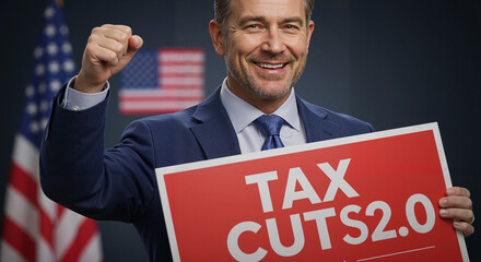 Smiling political candidate promotes "Tax Cuts 2.0" with a campaign-style sign, symbolizing fiscal policy messaging and election strategy, ideal for use in editorial news, political blogs, an