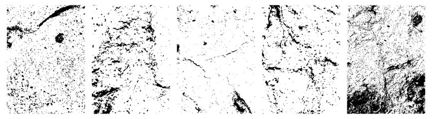 Set of different distressed black grain texture. Grunge overlay textures with dust grain isolated on white background.Simply Place illustration over any Object to Create grungy Effect.