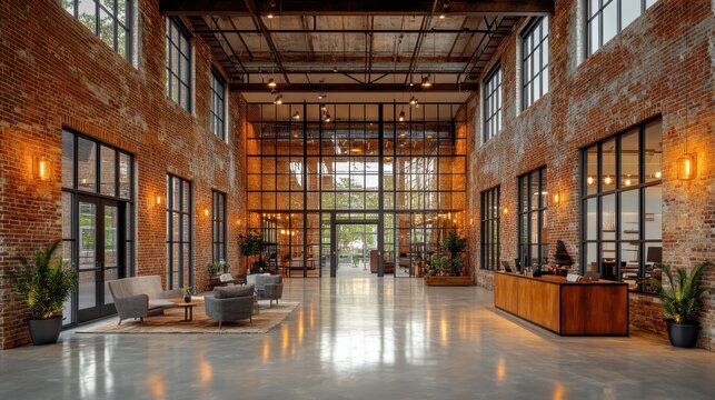 Textural interplay of old brick, modern glass, and metal in repurposed factory or warehouse interiors with contrasting elements