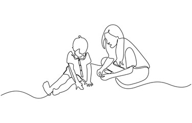 Mom with her young kid in continuous line art drawing style, Single continuous line drawing of young female pediatric doctor invited cute baby toddler patient to play and follow her instruction.