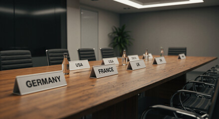 Naklejka premium Empty international summit room with placards for USA, UK, France, and others, symbolizing stalled diplomacy or absence, ideal for editorials on global cooperation, foreign affairs blogs