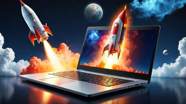 Igniting Innovation: Rockets Launching from a Laptop Display in a Futuristic Digital World