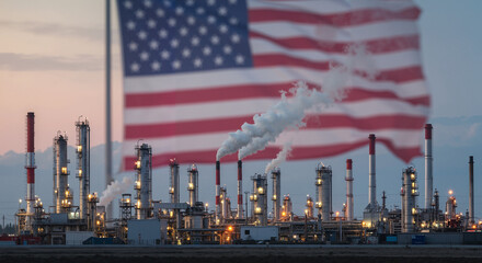 Large US flag billows in front of an active refinery, illustrating industrial production and emissions, great for environmental reports, fossil fuel coverage, and editorials on energy policy.