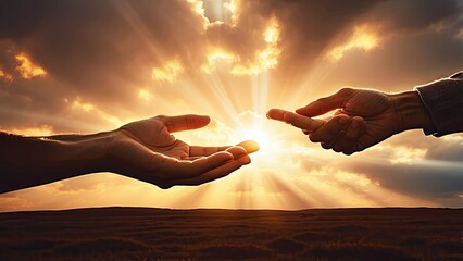 Two hands reaching towards each other with a glowing sun in the background