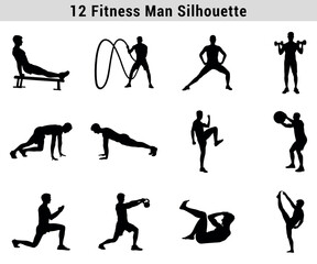 Set Of Fitness Man Silhouette Exercising With Battle Ropes And Weightlifting Equipment